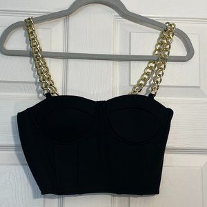 Forever 21 Women"s Black Cropped Corset Top Gold Toned Chains Small
